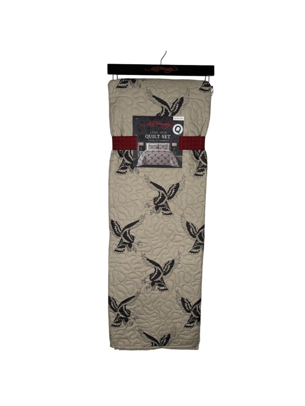Ed Hardy 3pc Queen Quilt W/2 Shams Set Tan W/All Over Eagle Print NWT